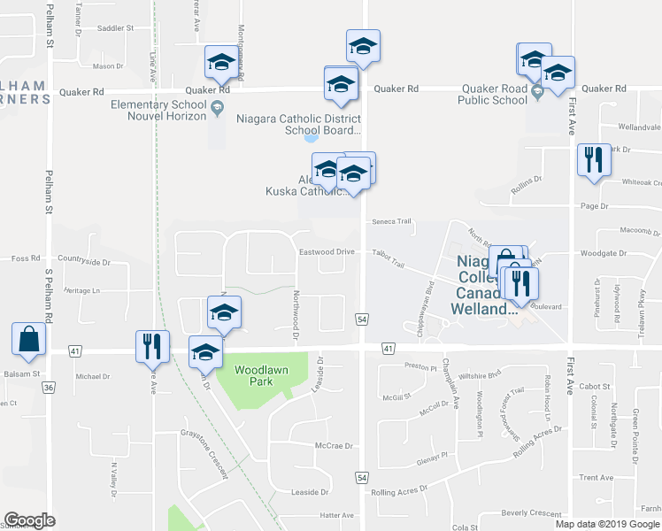 map of restaurants, bars, coffee shops, grocery stores, and more near 41 Poplar Crescent in Welland