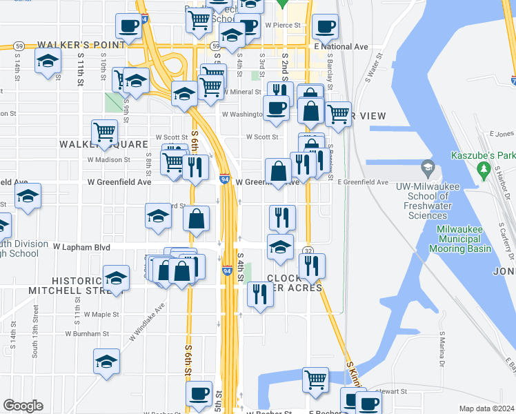 map of restaurants, bars, coffee shops, grocery stores, and more near 1524 South 4th Street in Milwaukee