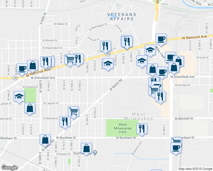 map of restaurants, bars, coffee shops, grocery stores, and more near 1452 South 52nd Street in West Milwaukee