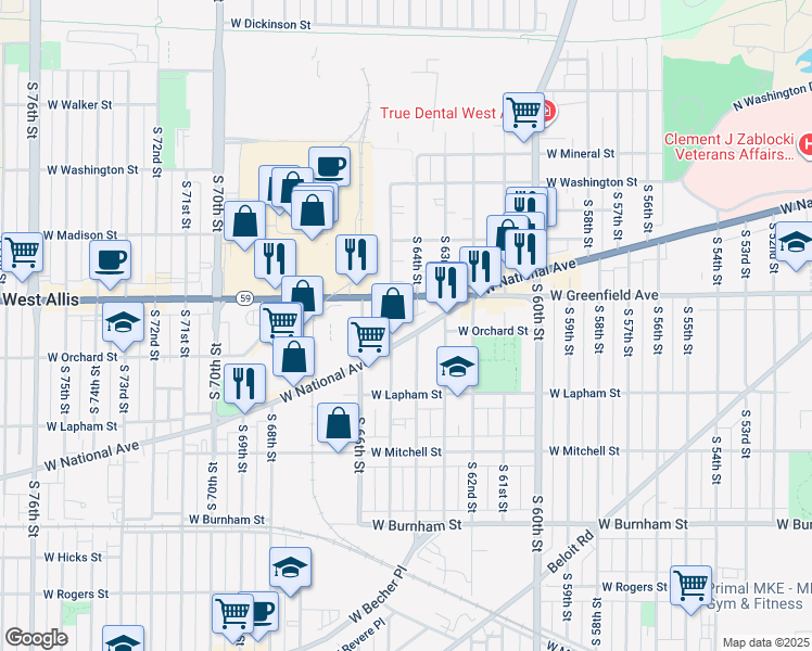 map of restaurants, bars, coffee shops, grocery stores, and more near in West Allis