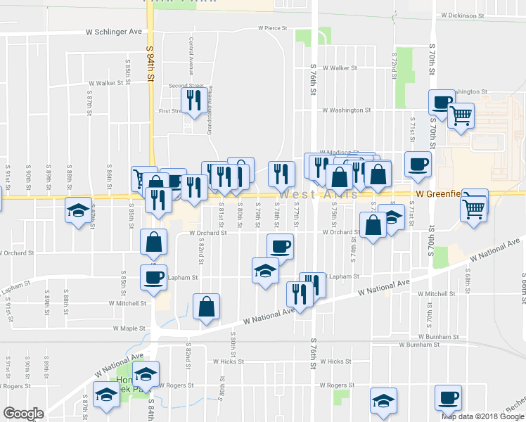 map of restaurants, bars, coffee shops, grocery stores, and more near 1451 South 79th Street in West Allis