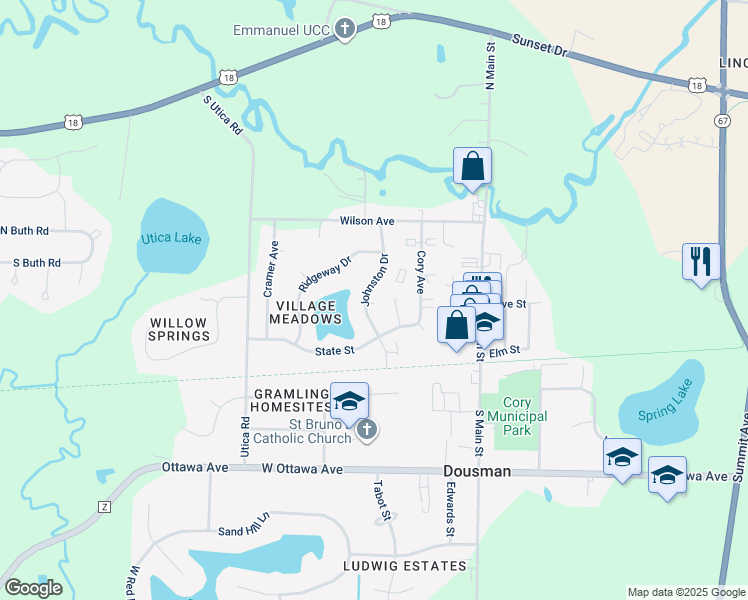 map of restaurants, bars, coffee shops, grocery stores, and more near 180 Johnston Drive in Dousman