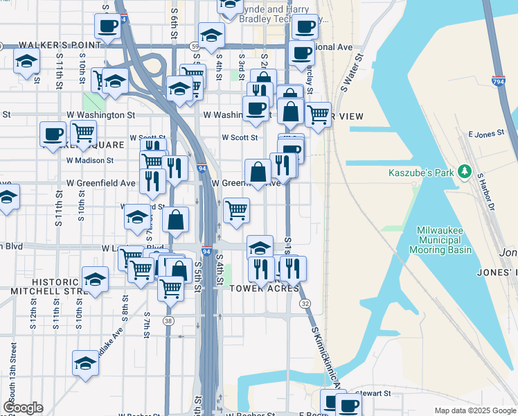 map of restaurants, bars, coffee shops, grocery stores, and more near 209 West Orchard Street in Milwaukee