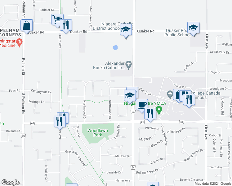 map of restaurants, bars, coffee shops, grocery stores, and more near 57 Poplar Crescent in Welland