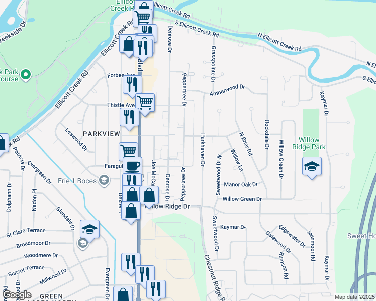 map of restaurants, bars, coffee shops, grocery stores, and more near 93-149 Peppertree Drive in Buffalo