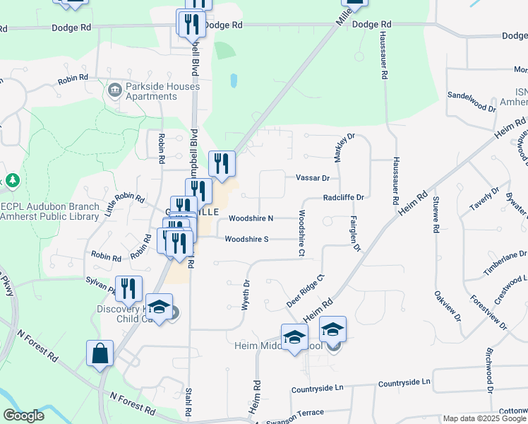 map of restaurants, bars, coffee shops, grocery stores, and more near 99 Woodshire South in Amherst
