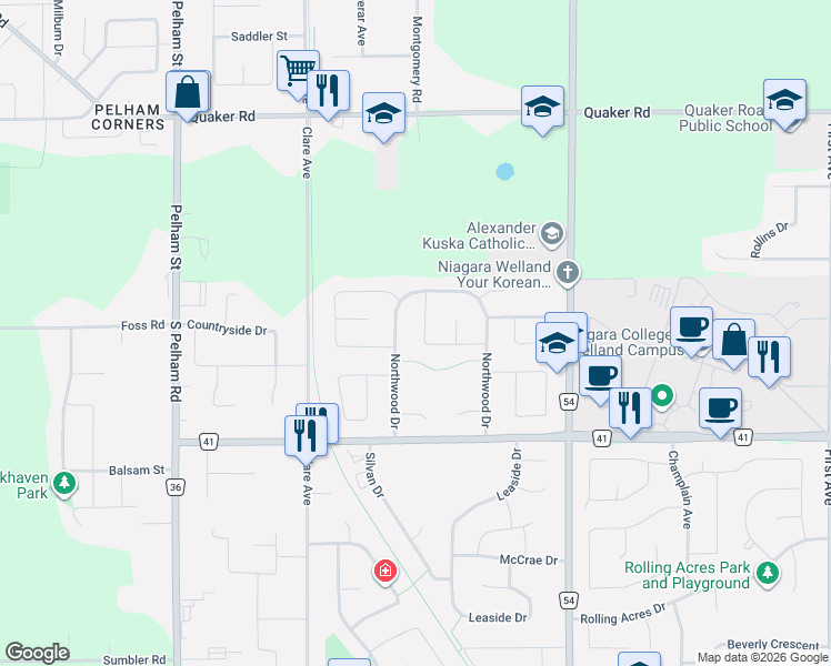 map of restaurants, bars, coffee shops, grocery stores, and more near 27 Woodrush Avenue in Welland