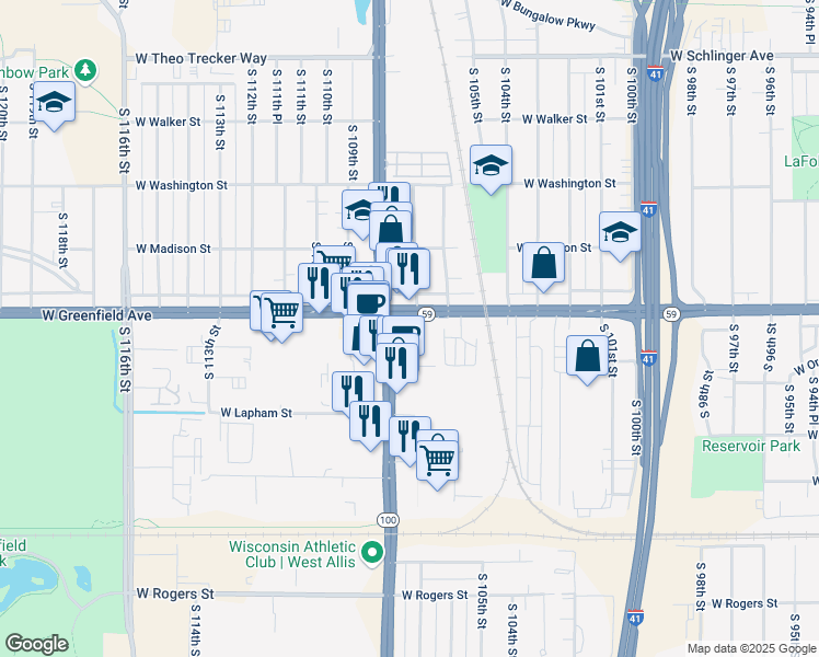 map of restaurants, bars, coffee shops, grocery stores, and more near 10708 West Orchard Street in West Allis