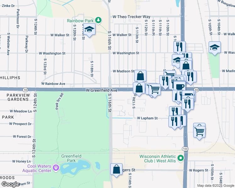 map of restaurants, bars, coffee shops, grocery stores, and more near 11505 West Greenfield Avenue in Milwaukee