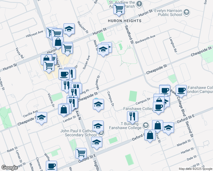 map of restaurants, bars, coffee shops, grocery stores, and more near 129 Irving Place in London