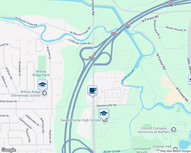 map of restaurants, bars, coffee shops, grocery stores, and more near 2071 Sweet Home Road in Buffalo
