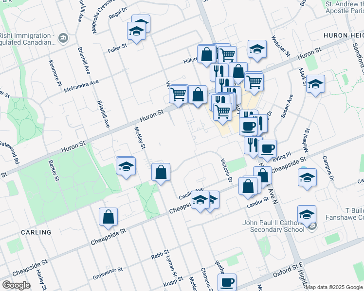 map of restaurants, bars, coffee shops, grocery stores, and more near 1247 Huron Street in London