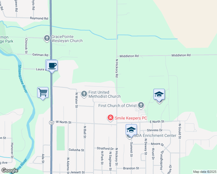 map of restaurants, bars, coffee shops, grocery stores, and more near Hickory Manor Drive in Owosso