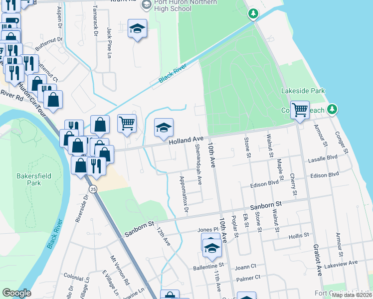 map of restaurants, bars, coffee shops, grocery stores, and more near 3536 Williamsburg Drive in Port Huron