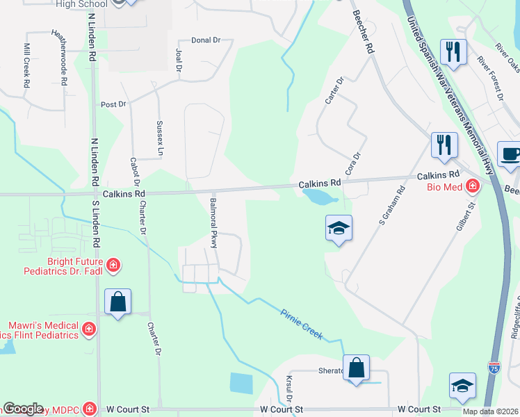 map of restaurants, bars, coffee shops, grocery stores, and more near 4243 Calkins Road in Flint