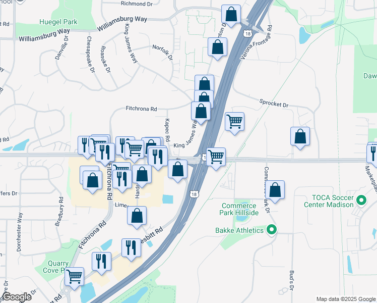 map of restaurants, bars, coffee shops, grocery stores, and more near 6189 McKee Road in Fitchburg