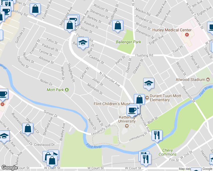 map of restaurants, bars, coffee shops, grocery stores, and more near 2016 Joliet Street in Flint