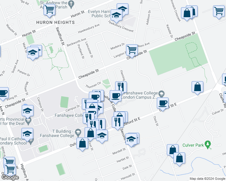 map of restaurants, bars, coffee shops, grocery stores, and more near 1019 Prosperity Court in London