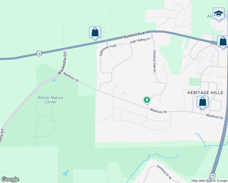 map of restaurants, bars, coffee shops, grocery stores, and more near Madison Street in Waukesha