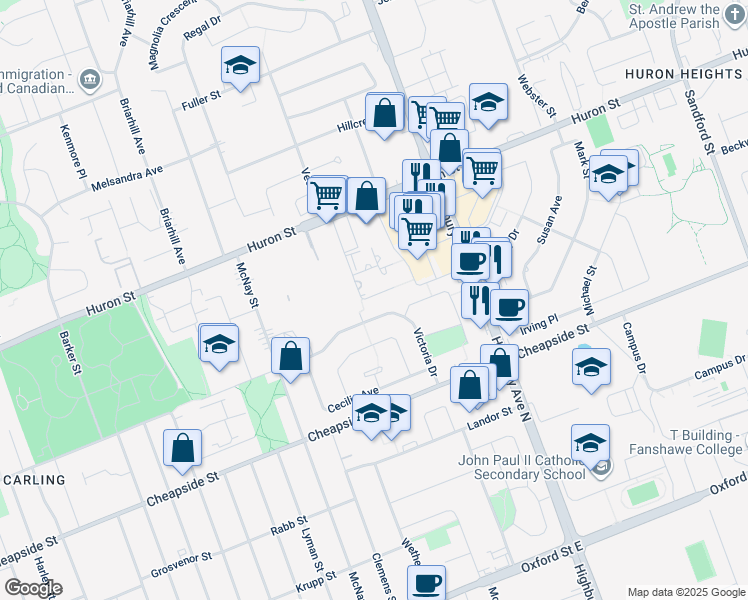 map of restaurants, bars, coffee shops, grocery stores, and more near 1271 Huron Street in London