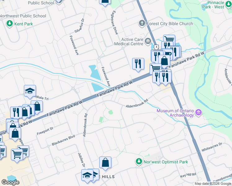 map of restaurants, bars, coffee shops, grocery stores, and more near 7 Fox Hollow Crescent in London