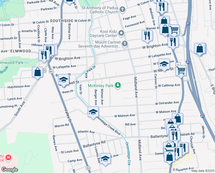 map of restaurants, bars, coffee shops, grocery stores, and more near 161 Kenmore Avenue in Syracuse