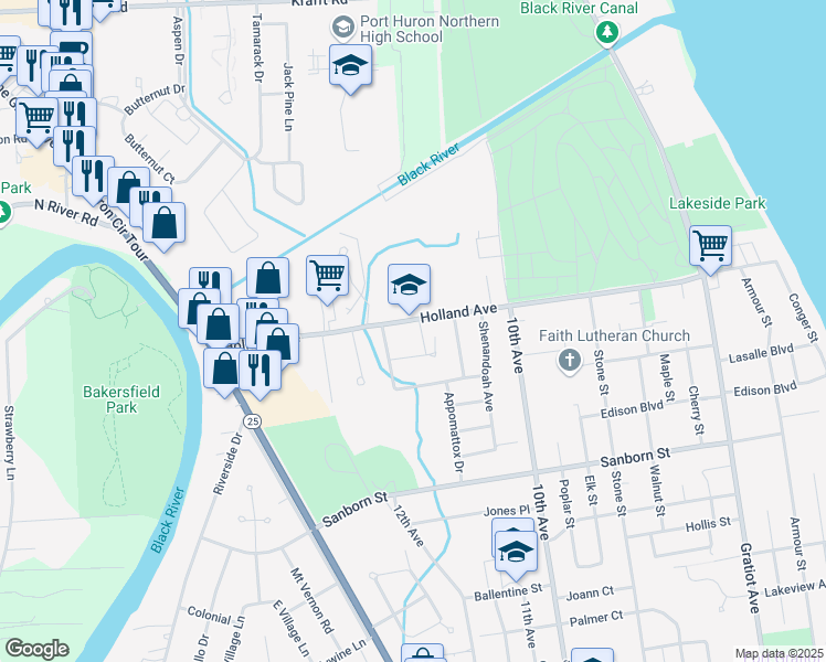 map of restaurants, bars, coffee shops, grocery stores, and more near 1529 Continental Court in Port Huron