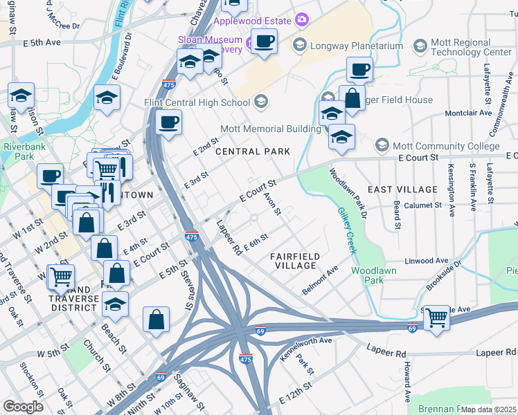 map of restaurants, bars, coffee shops, grocery stores, and more near 700 East Court Street in Flint