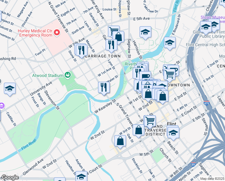 map of restaurants, bars, coffee shops, grocery stores, and more near 130 River Bank Drive in Flint