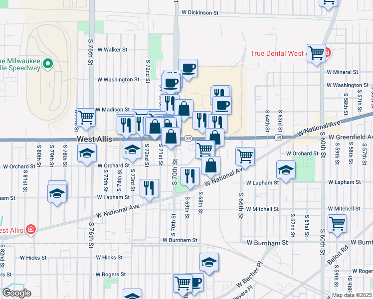 map of restaurants, bars, coffee shops, grocery stores, and more near 69 West Orchard Street in West Allis