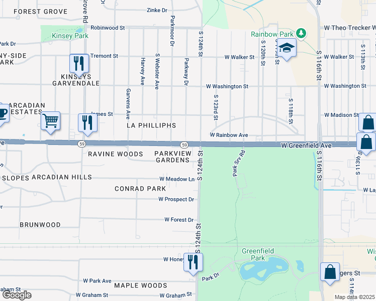 map of restaurants, bars, coffee shops, grocery stores, and more near 12410 West Needham Drive in New Berlin