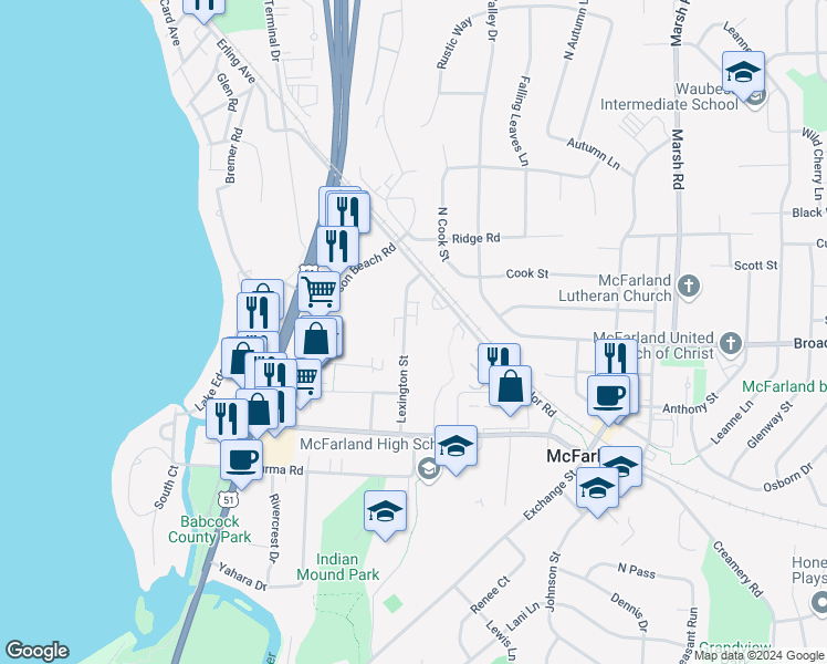 map of restaurants, bars, coffee shops, grocery stores, and more near 5785 Lexington Street in McFarland