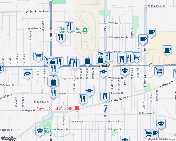 map of restaurants, bars, coffee shops, grocery stores, and more near 1424 South 79th Street in West Allis