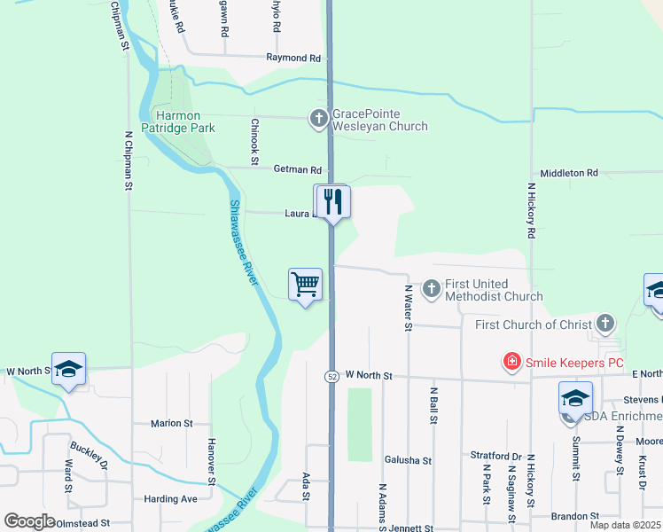 map of restaurants, bars, coffee shops, grocery stores, and more near 1465 Michigan 52 in Owosso