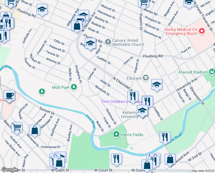 map of restaurants, bars, coffee shops, grocery stores, and more near 722 Perry Street in Flint