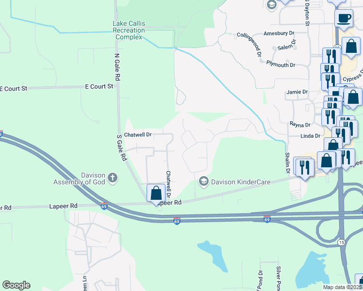 map of restaurants, bars, coffee shops, grocery stores, and more near 9143 Emily Drive in Davison
