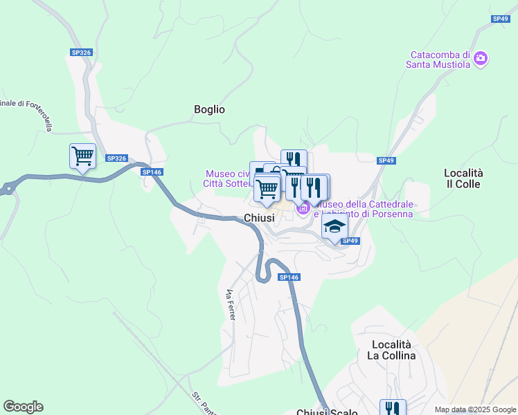 map of restaurants, bars, coffee shops, grocery stores, and more near 24 Via Porsenna in Chiusi