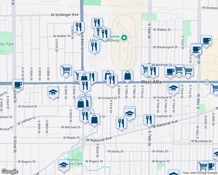 map of restaurants, bars, coffee shops, grocery stores, and more near 1444 South 82nd Street in West Allis
