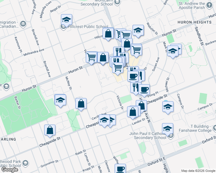 map of restaurants, bars, coffee shops, grocery stores, and more near 1275 Huron Street in London