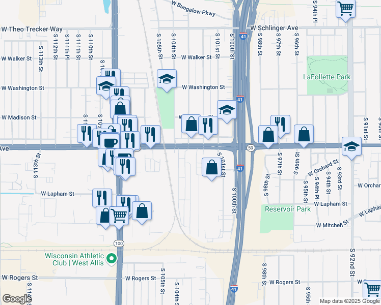 map of restaurants, bars, coffee shops, grocery stores, and more near 10315 West Greenfield Avenue in West Allis