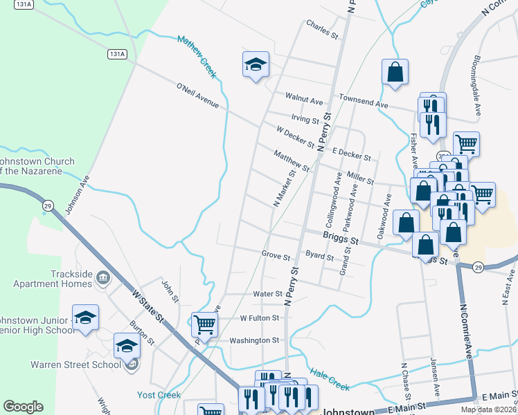 map of restaurants, bars, coffee shops, grocery stores, and more near 103 Mason Street in Johnstown