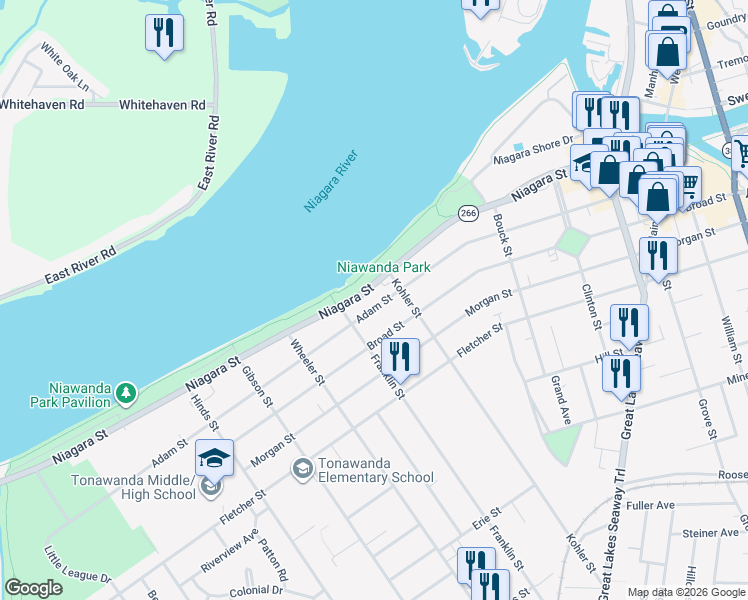 map of restaurants, bars, coffee shops, grocery stores, and more near 339 Adam Street in Tonawanda