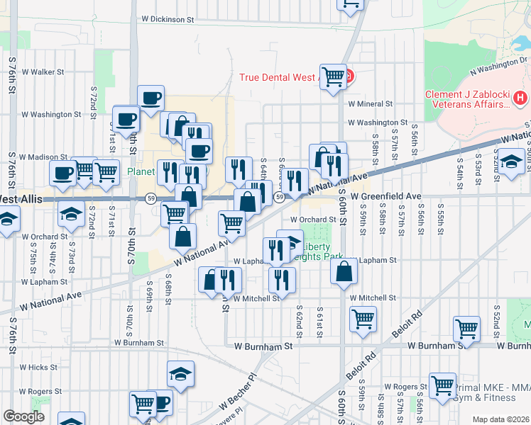 map of restaurants, bars, coffee shops, grocery stores, and more near 1509 South 63rd Street in West Allis