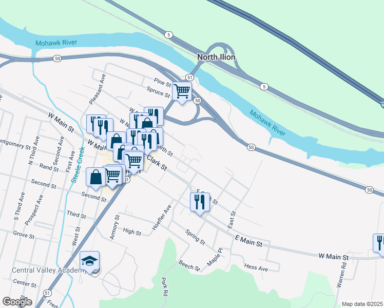 map of restaurants, bars, coffee shops, grocery stores, and more near 77 East North Street in Ilion