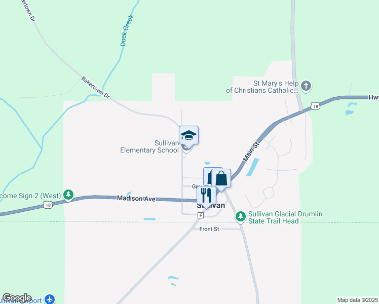 map of restaurants, bars, coffee shops, grocery stores, and more near 618 Bakertown Road in Sullivan