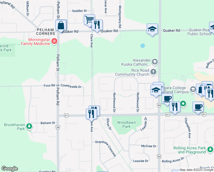 map of restaurants, bars, coffee shops, grocery stores, and more near 17 Briarsdale Crescent in Welland