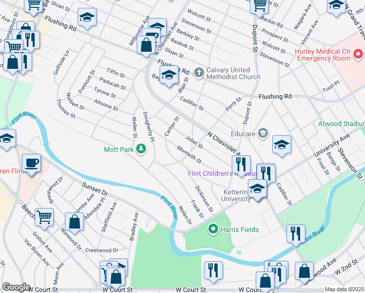 map of restaurants, bars, coffee shops, grocery stores, and more near 601 Perry Street in Flint