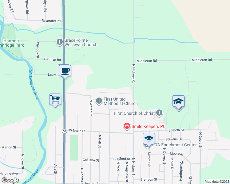 map of restaurants, bars, coffee shops, grocery stores, and more near Hickory Manor Drive in Owosso