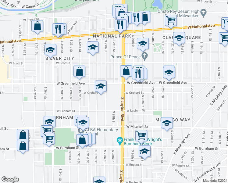 map of restaurants, bars, coffee shops, grocery stores, and more near 1501 South Layton Boulevard in Milwaukee