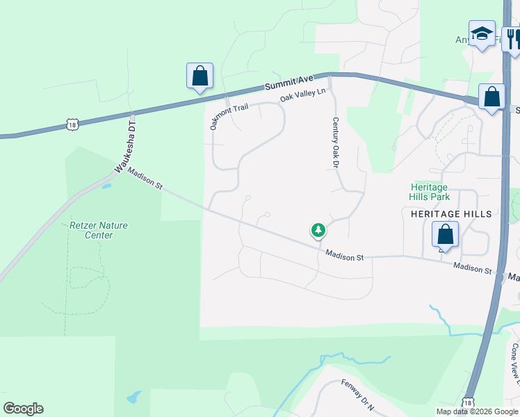 map of restaurants, bars, coffee shops, grocery stores, and more near 3668 Olde Howell Road in Waukesha